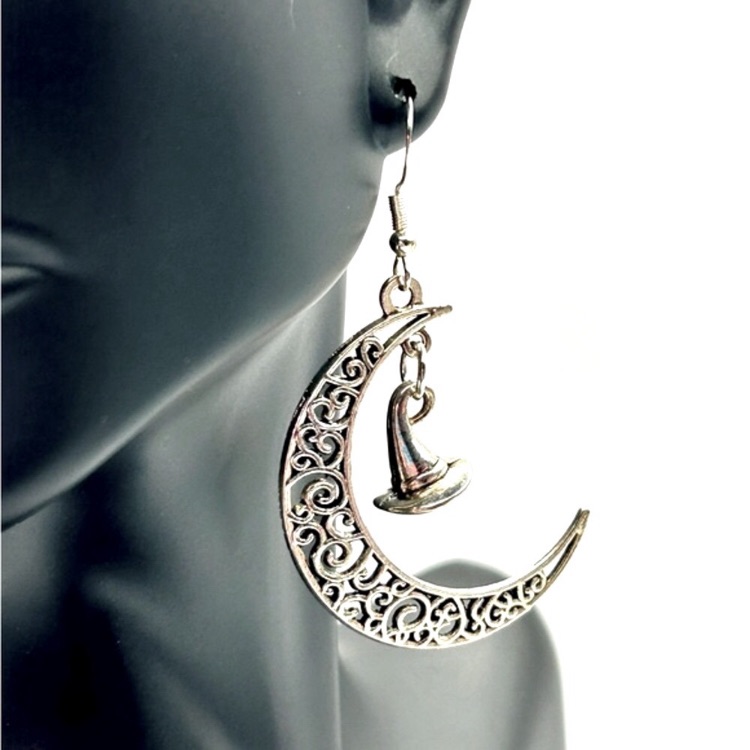 Handmade Halloween Sterling Silver Crescent Moon And Witch Hat Earrings 29$